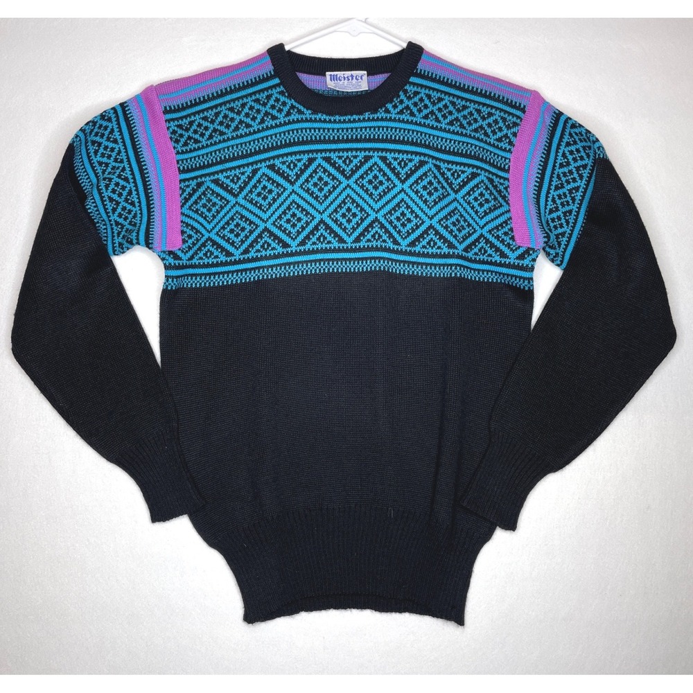 Meister Mens Wool Sweater Vtg 80s Ski Fair Isle Geometric Large Black Blue Pink